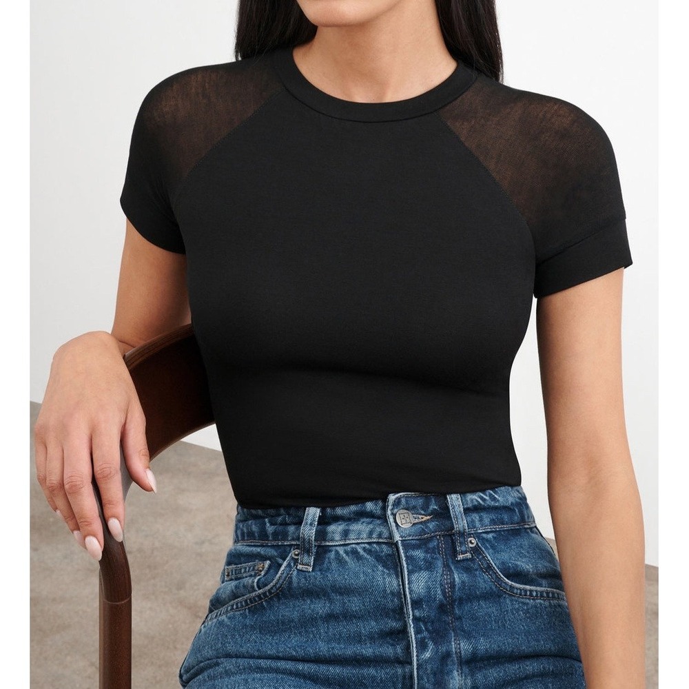 Marcella NYC Black Harling Sheer Raglan Sleeve T-Shirt Tencel Jersey Top Small